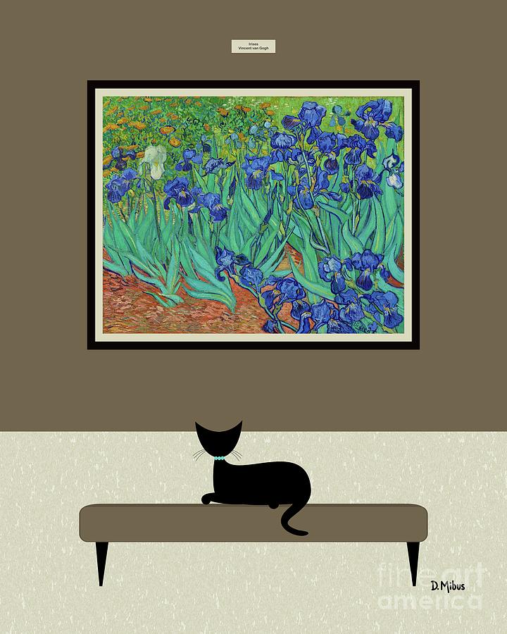 Black Cat Enjoys Van Gogh Irises  Digital Art by Donna Mibus