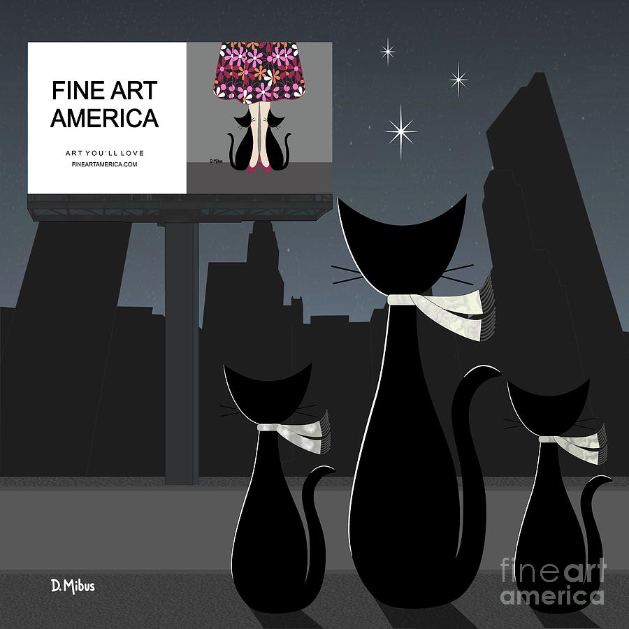 Black Cat Family Admires Billboard Digital Art by Donna Mibus