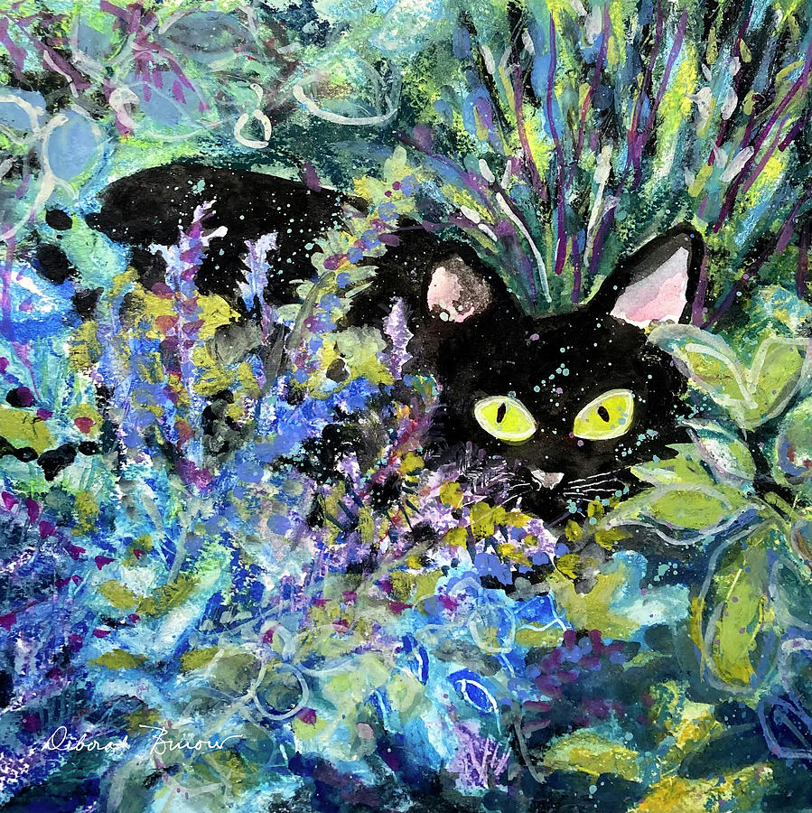Black Cat Hiding In The Grass Painting by Deborah Burow