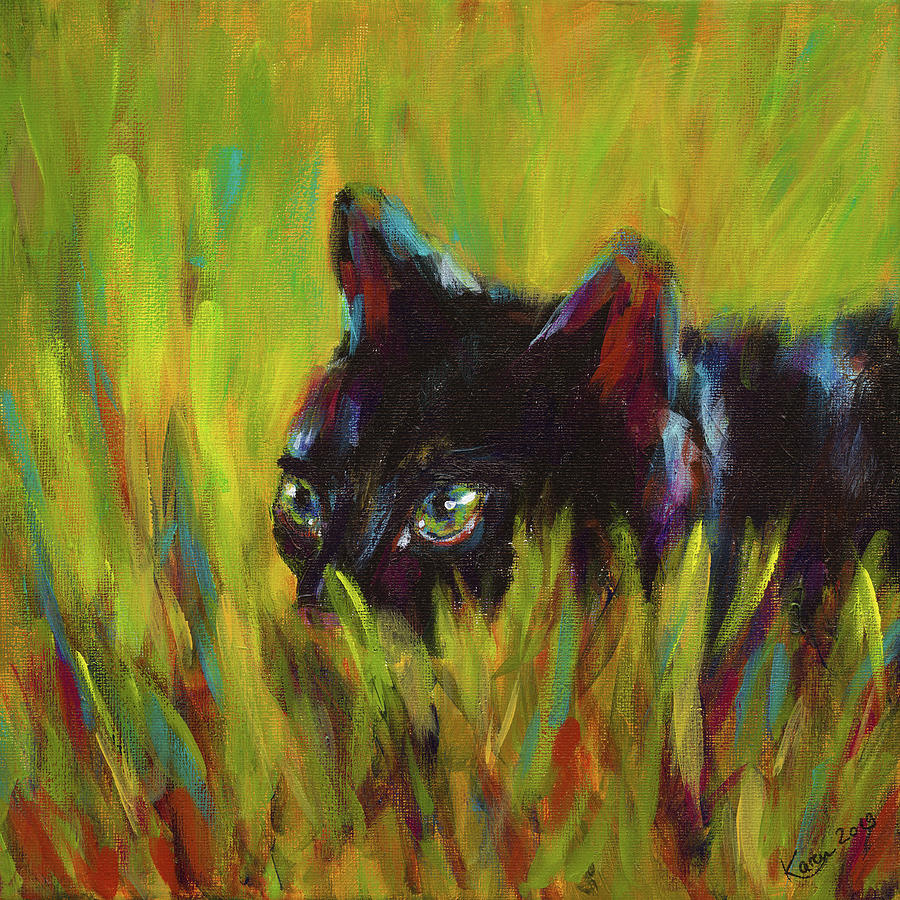 Black cat hiding Painting by Karen Kaspar