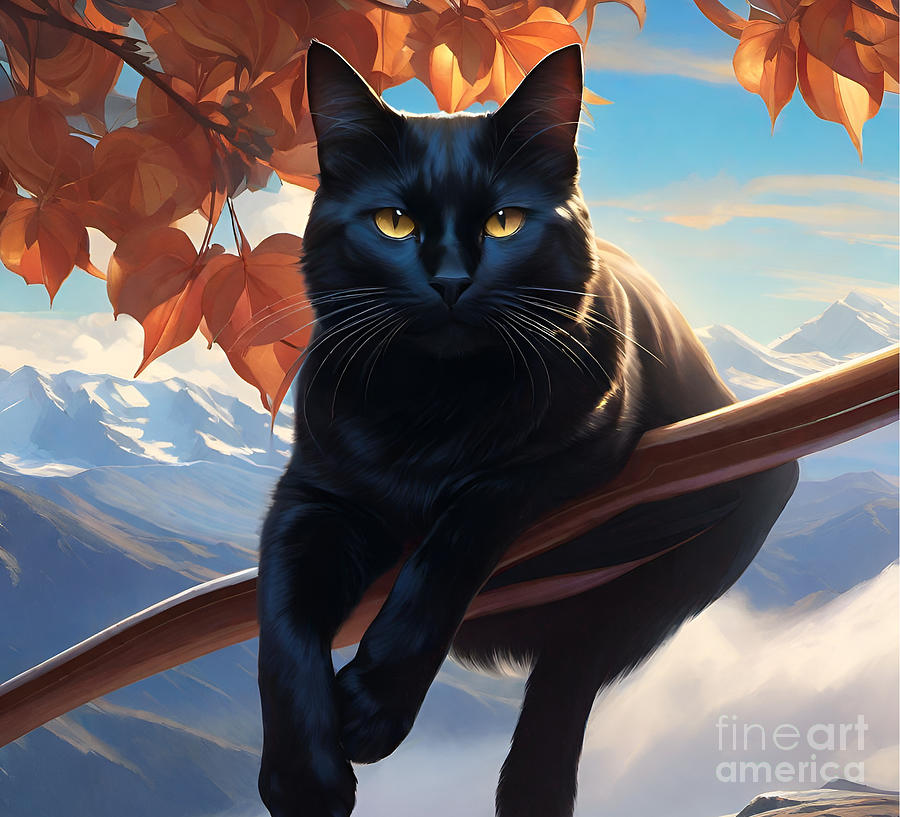 Black cat in a tree Digital Art by Mark Bradley