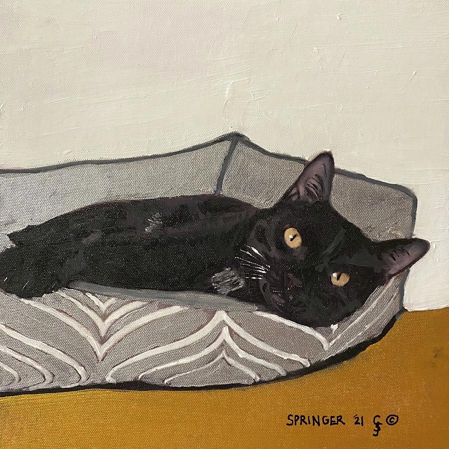 Black Cat in Bed Painting by Gary Springer