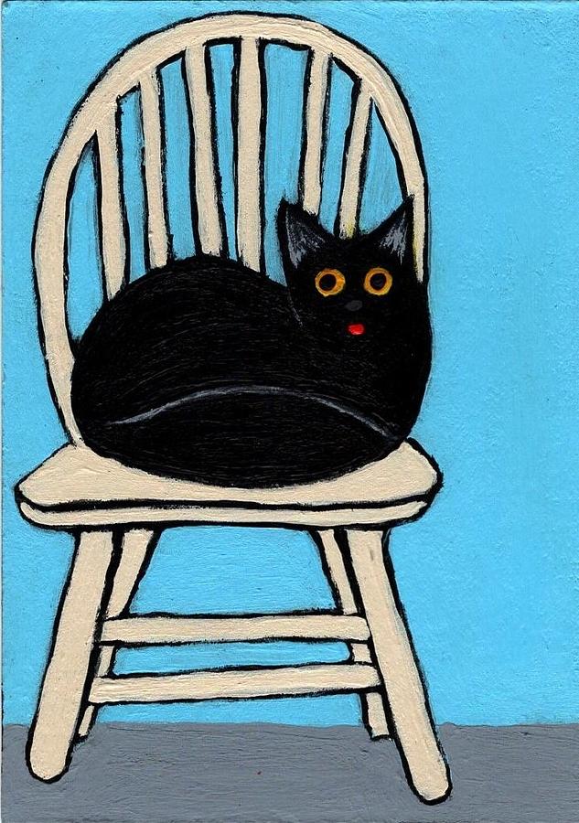 Black Cat Painting - Black Cat in Chair with blue background  by Sherry Rusinack