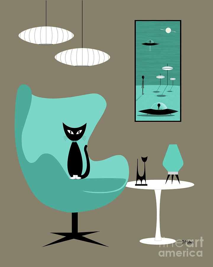 Black Cat in Mid Century Egg Chair with Outer Space Artwork Digital Art by Donna Mibus