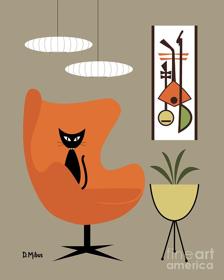 Musical Instrument Digital Art - Black Cat in Orange Egg Chair by Donna Mibus