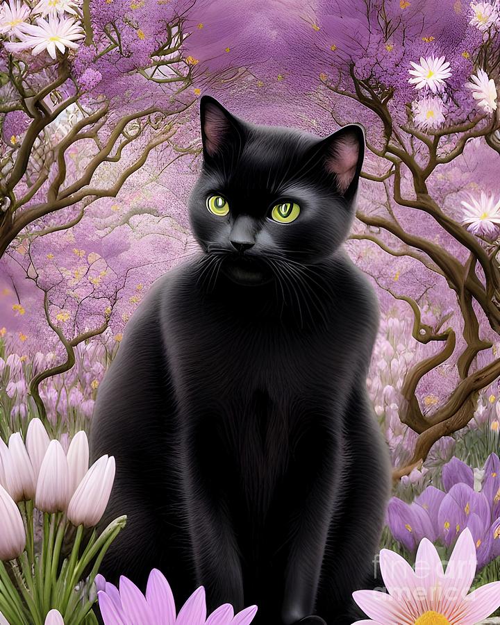 Cat Digital Art - Black Cat in Pink Spring Garden by Mary Machare