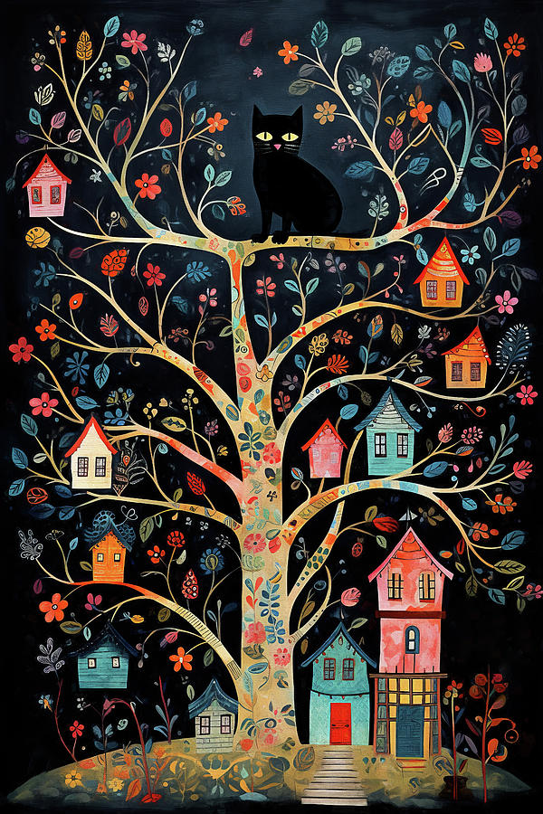 Black Cat in the Birdhouse Tree Digital Art by Peggy Collins - Fine Art ...