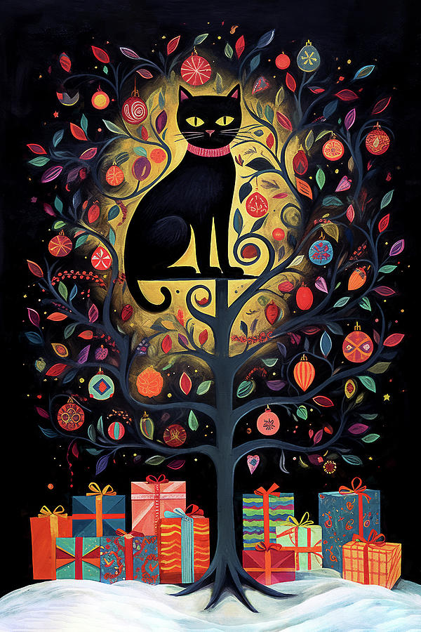 Black Cat in the Christmas Tree Digital Art by Peggy Collins