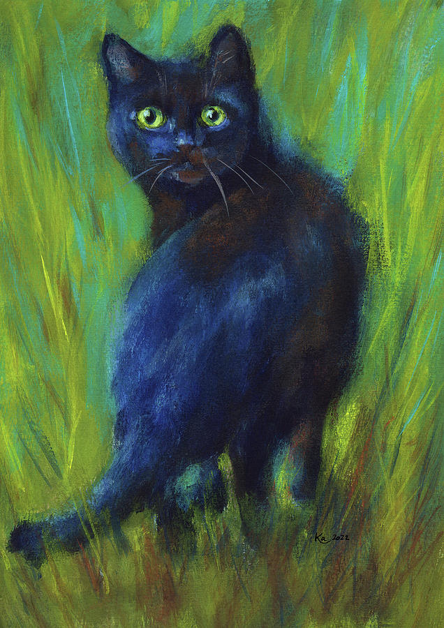 Black cat in the green grass Painting by Karen Kaspar