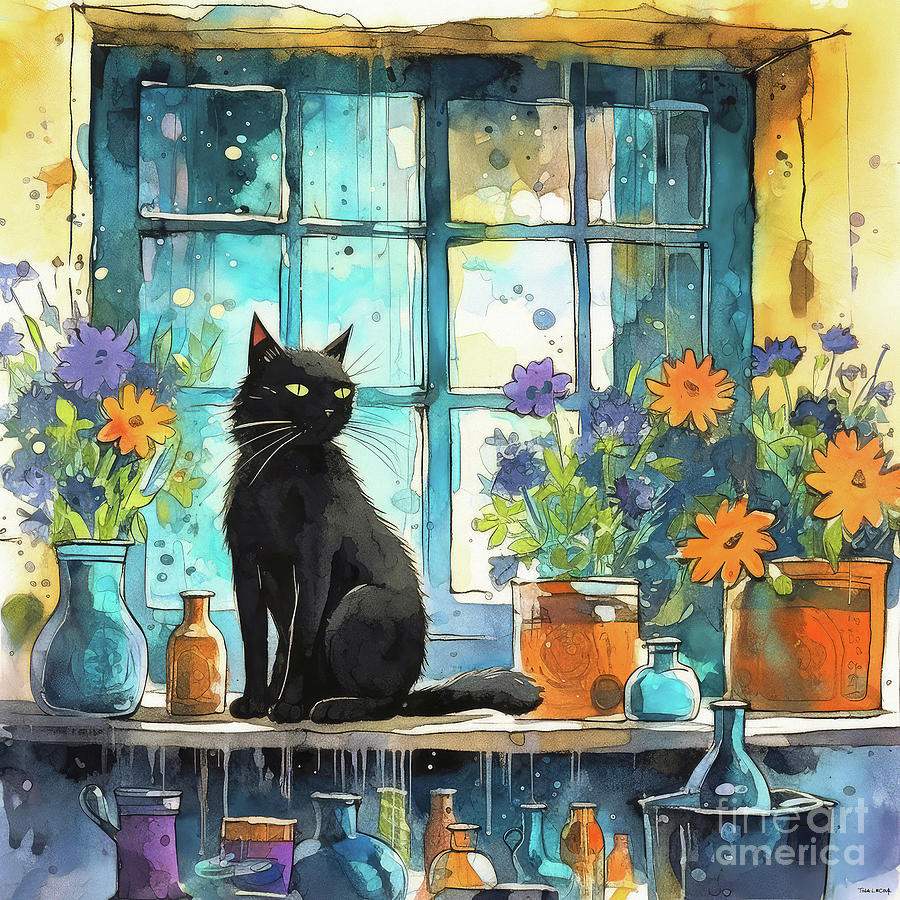 Cat Painting - Black Cat In The Window by Tina LeCour