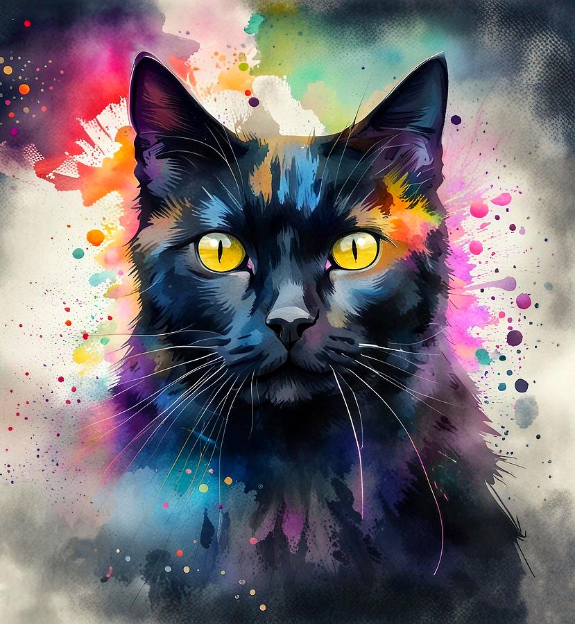 Black Cat in watercolor splash style Cat 703 Digital Art by Lucie Dumas