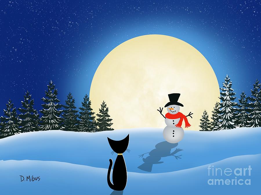 Black Cat Meets Snowman  Digital Art by Donna Mibus