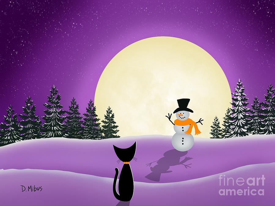 Black Cat Meets Snowman In Purple  Digital Art by Donna Mibus