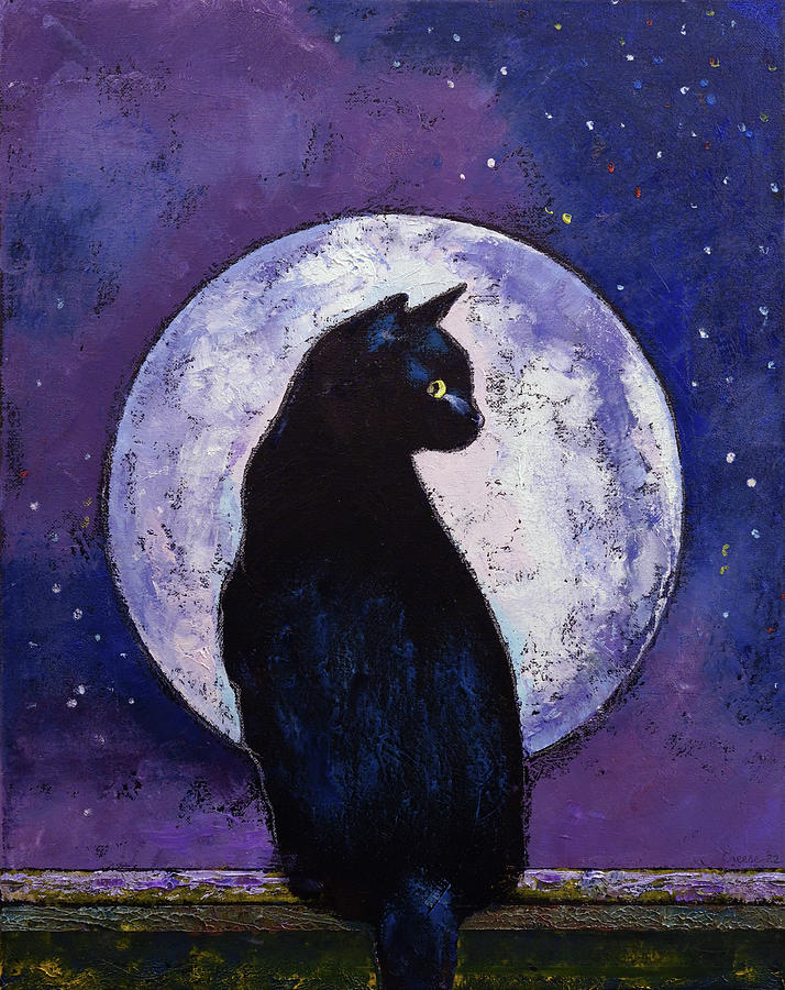 Black Cat Moonlight Painting by Michael Creese