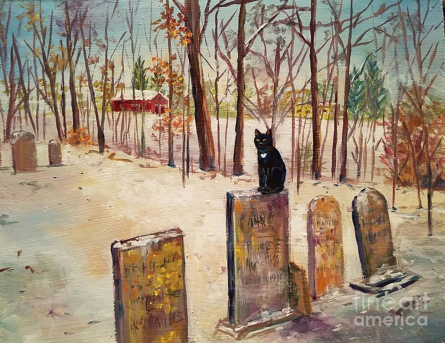 Black Cat On A Gravestone Painting