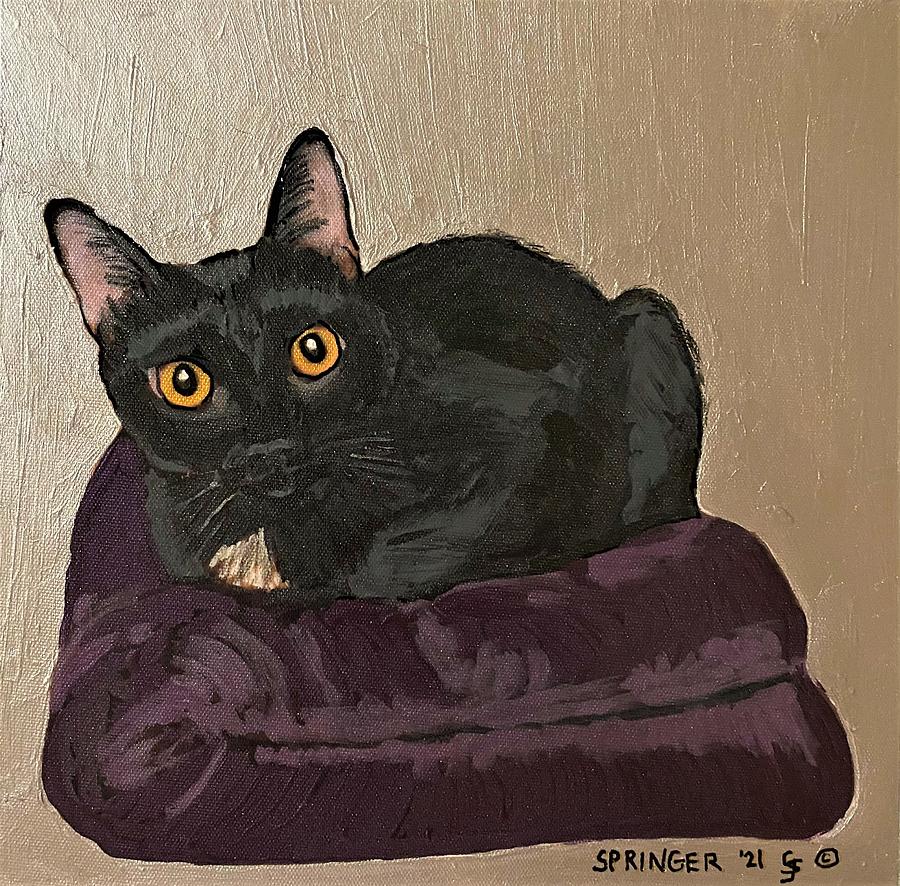 Black Cat on a Towel Painting by Gary Springer
