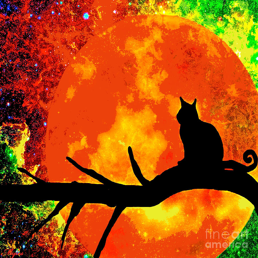 Black Cat Orange Fire Harvest Moon Painting by Saundra Myles