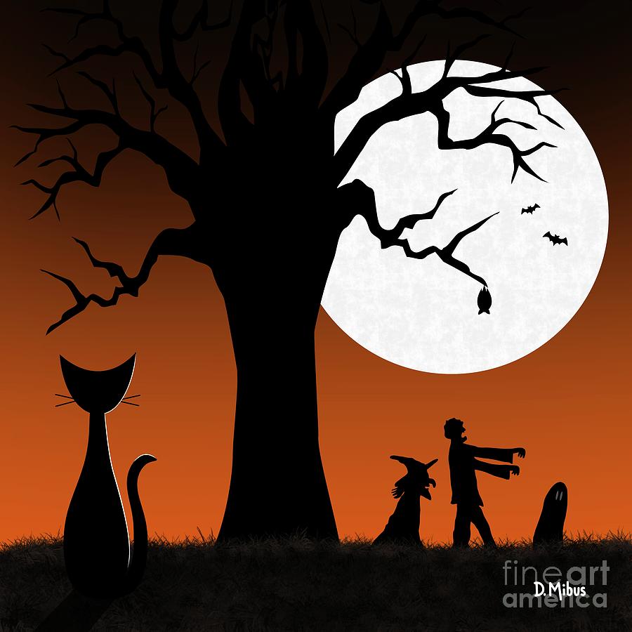 Black Cat Spies Spooky Tree Digital Art by Donna Mibus