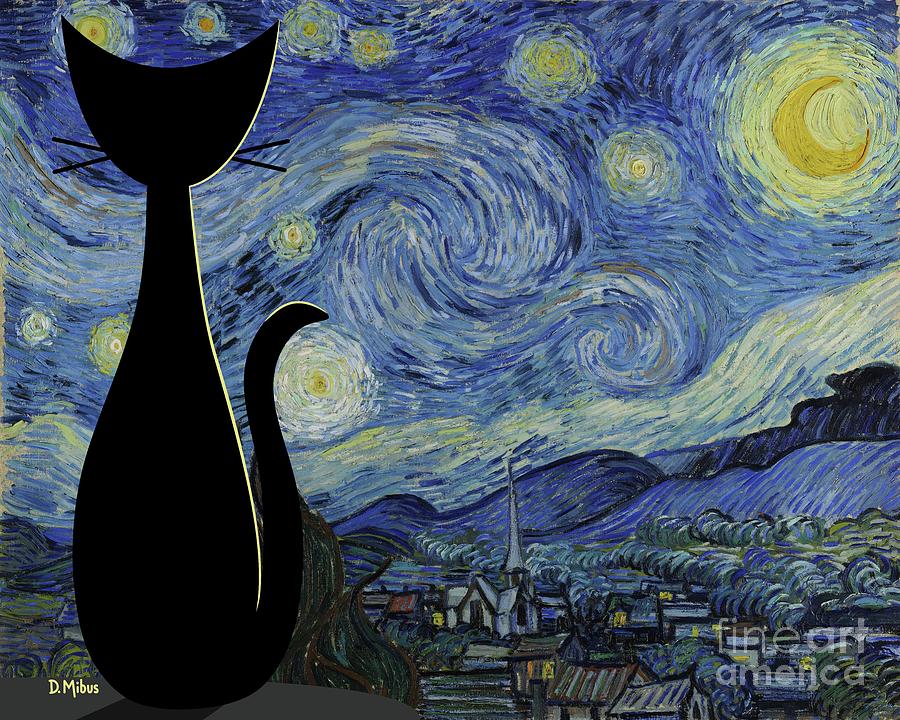 Black Cat Steps into Starry Night Digital Art by Donna Mibus