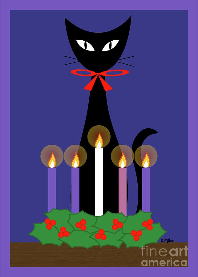 Black Cat with Christmas Advent Wreath Digital Art by Donna Mibus