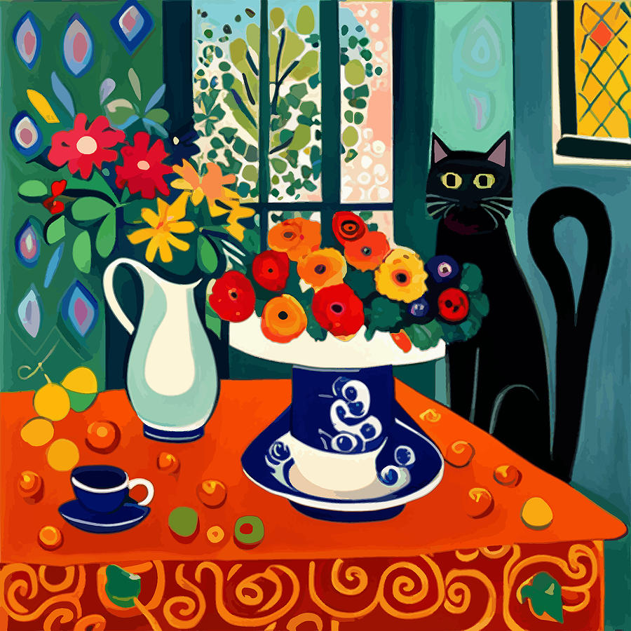 Black Cat with Flowers in a White Vase Digital Art by Vicky Brago ...