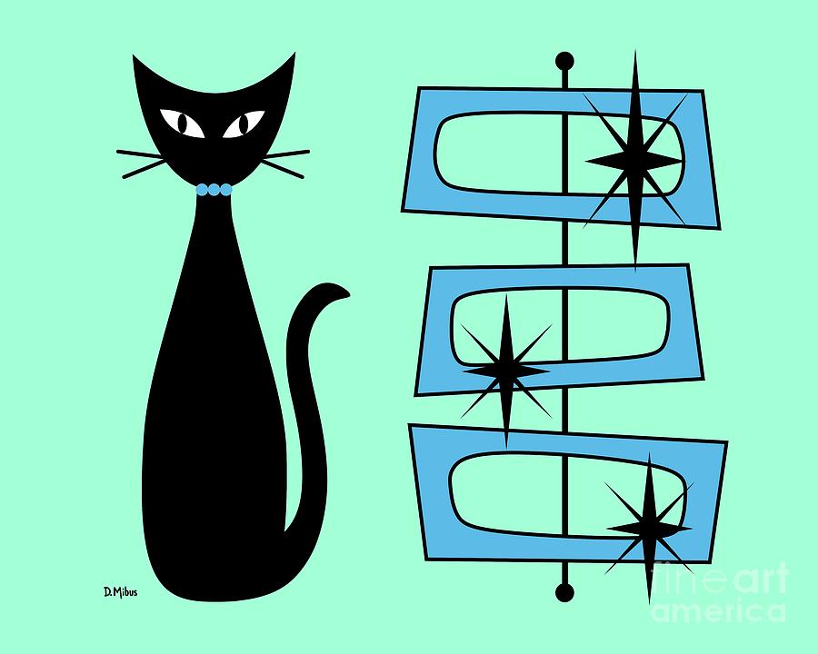 Black Cat with Mod Rectangles Aqua Digital Art by Donna Mibus