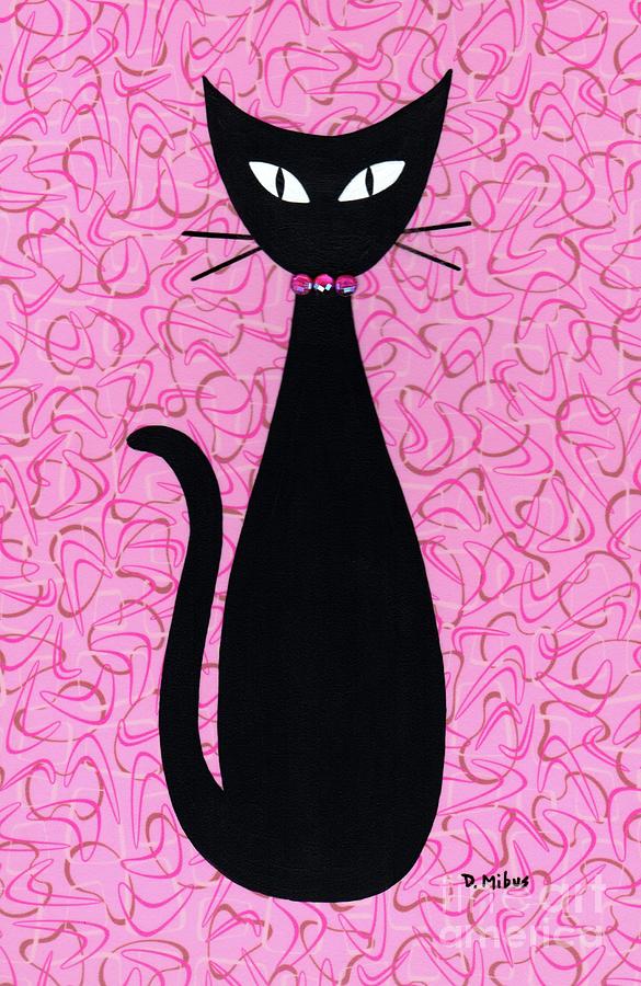 Black Cat with Pink Rhinestone Collar Mixed Media by Donna Mibus