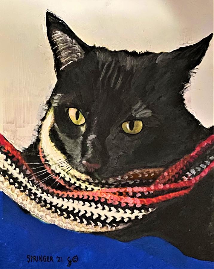 Black Cat with Scarf Painting by Gary Springer