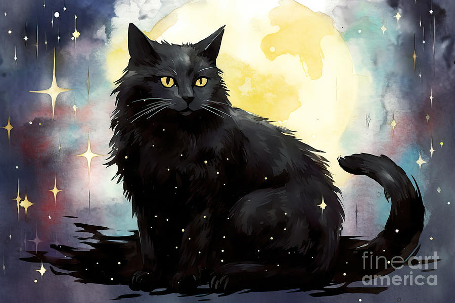 Fantasy Painting - Black cat with stars. Watercolor animal with fantasy night image by N Akkash