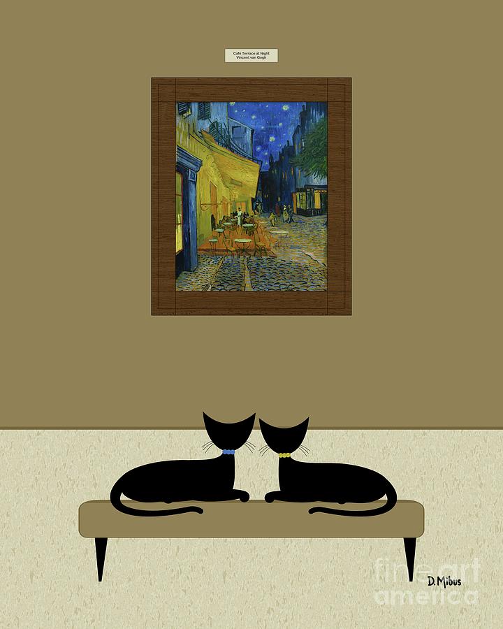 Black Cats Admire Cafe Terrace at Night Digital Art by Donna Mibus