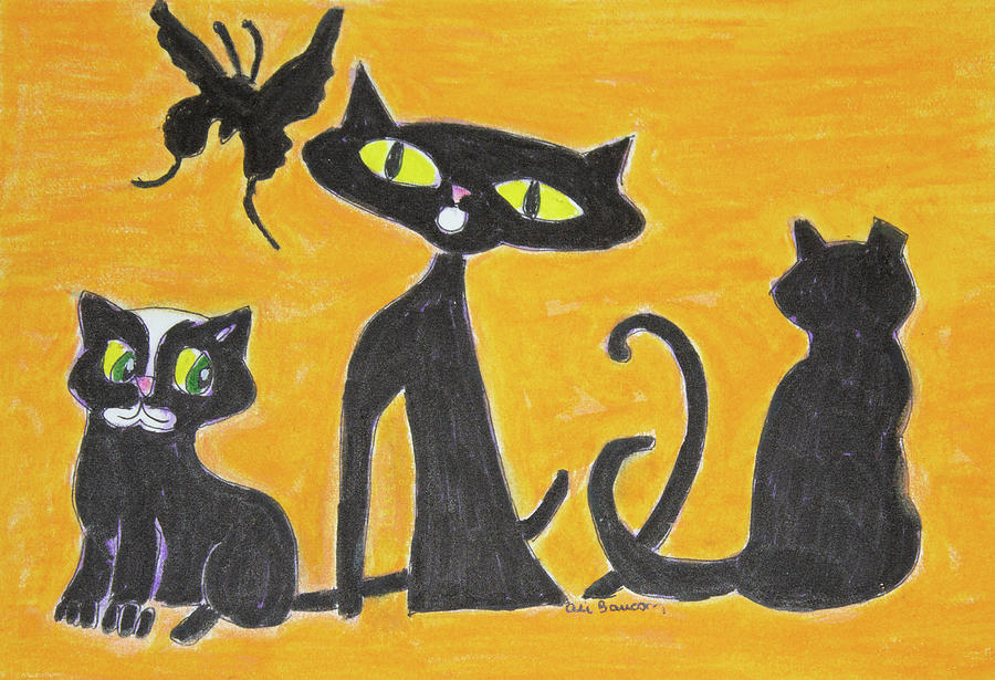 Black Cats and a Butterfly Drawing by Ali Baucom
