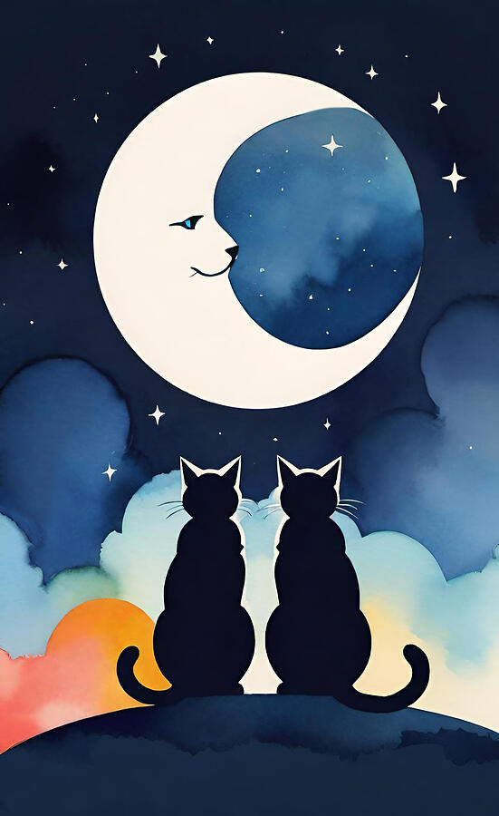 Cat Painting - Black Cats And Moon by La Moon Art