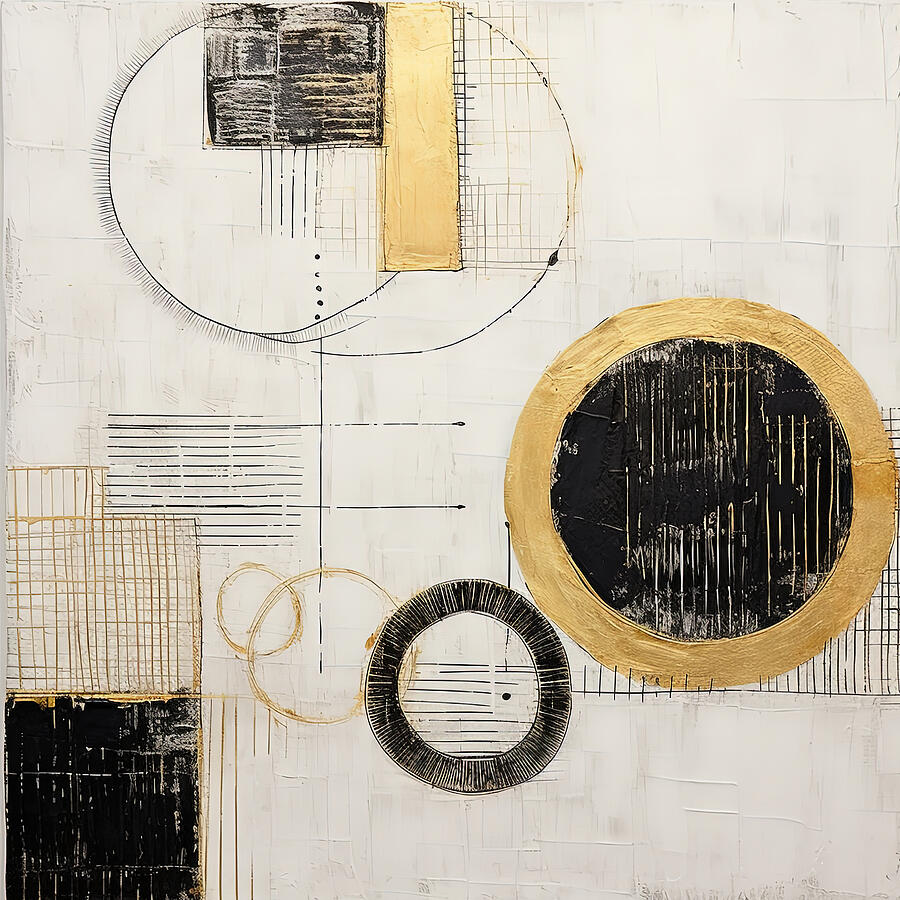 Black And Gold Painting - Black Circle with Gold Rings on Neutral Canvas by Lourry Legarde