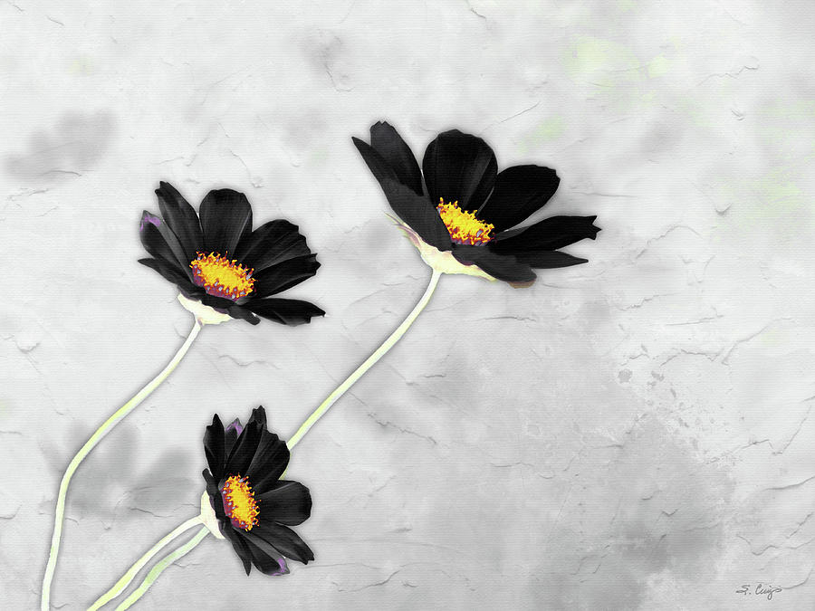Black Cosmos Flower Art On Gray Painting by Sharon Cummings