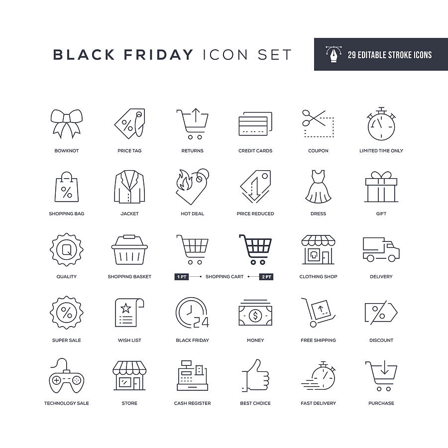 Black Friday Editable Stroke Line Icons Drawing by Enis Aksoy