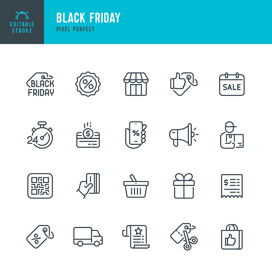 BLACK FRIDAY - thin line vector icon set. Pixel perfect. Editable stroke. The set contains icons: Black Friday, Shopping, Best Price, Discounts, Best Seller, Gift, Delivery. Drawing by Fonikum