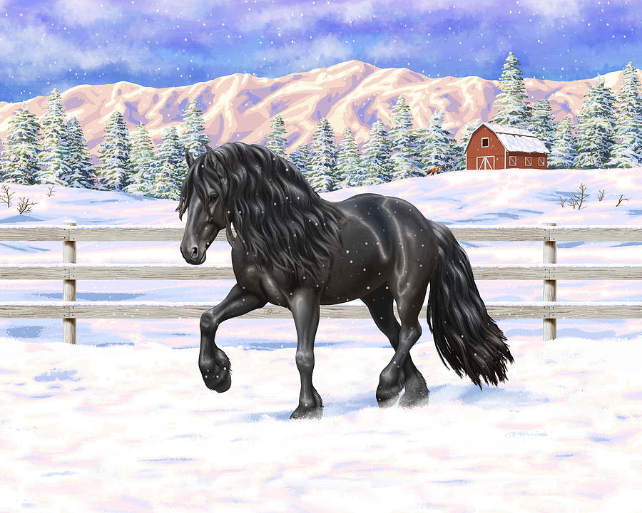 Black Friesian Horse In Snow Painting by Crista Forest
