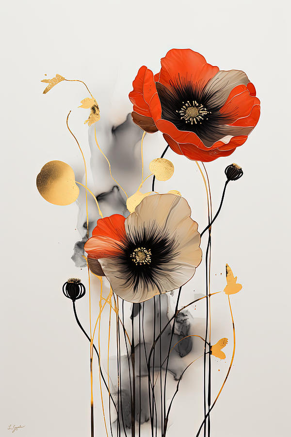 Poppy Painting -  Black Gold and Red Poppies Art by Lourry Legarde