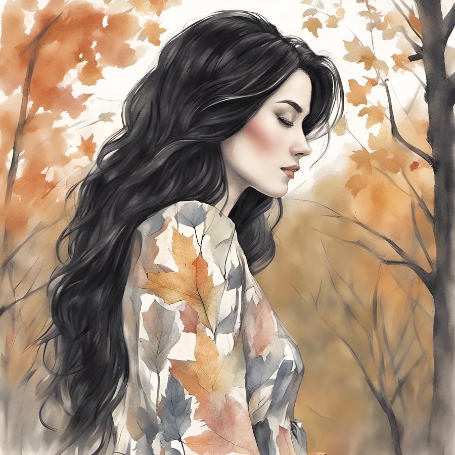 Black Haired Woman in Autumn Woods Digital Art by Judi Suni Hall