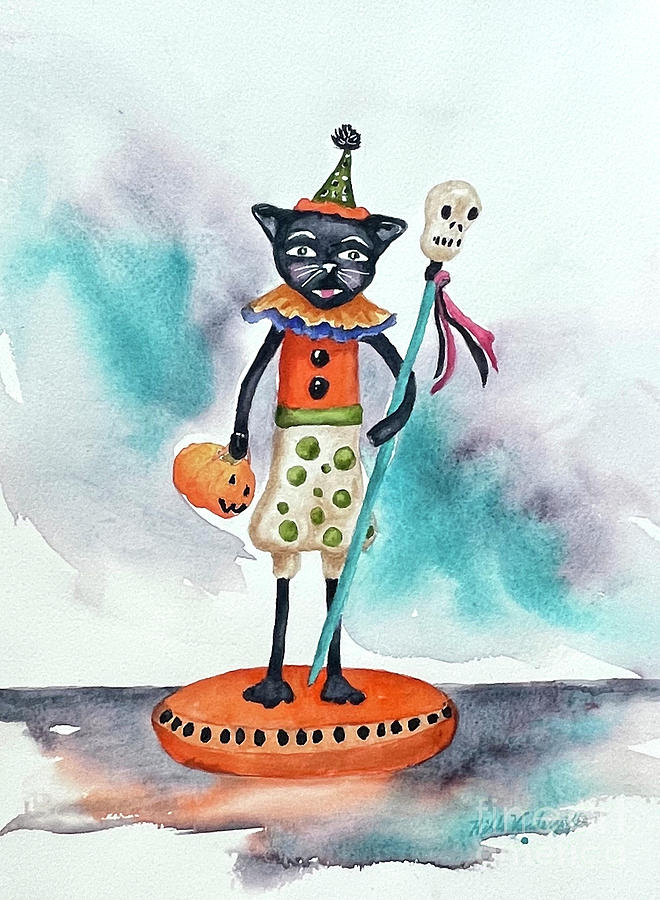 Black Halloween Cat Painting by Hilda Vandergriff