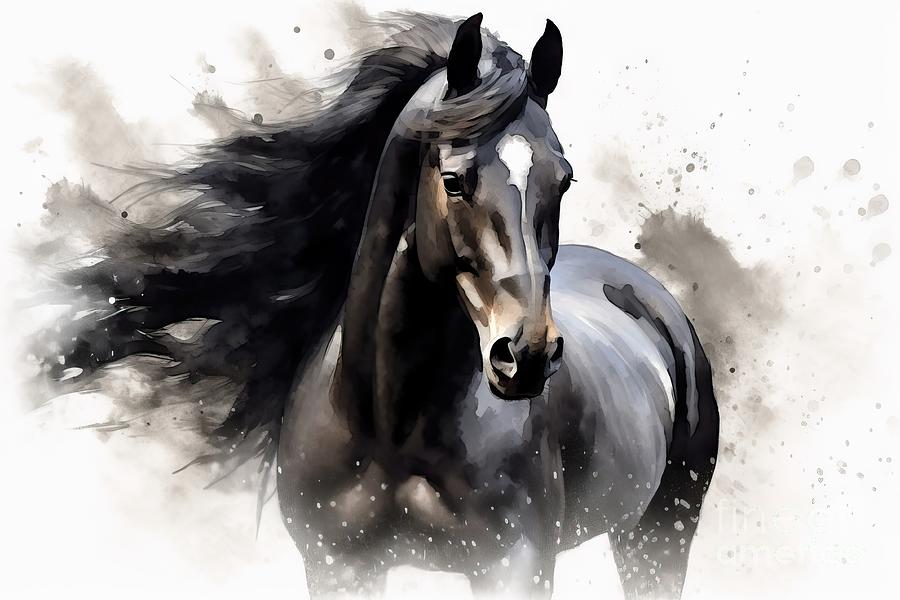 Abstract Painting - Black Horse In Aquarelle Style, Ai Generated by N Akkash