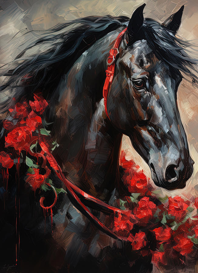 Black Horse with Wreath of Roses Painting by Lourry Legarde