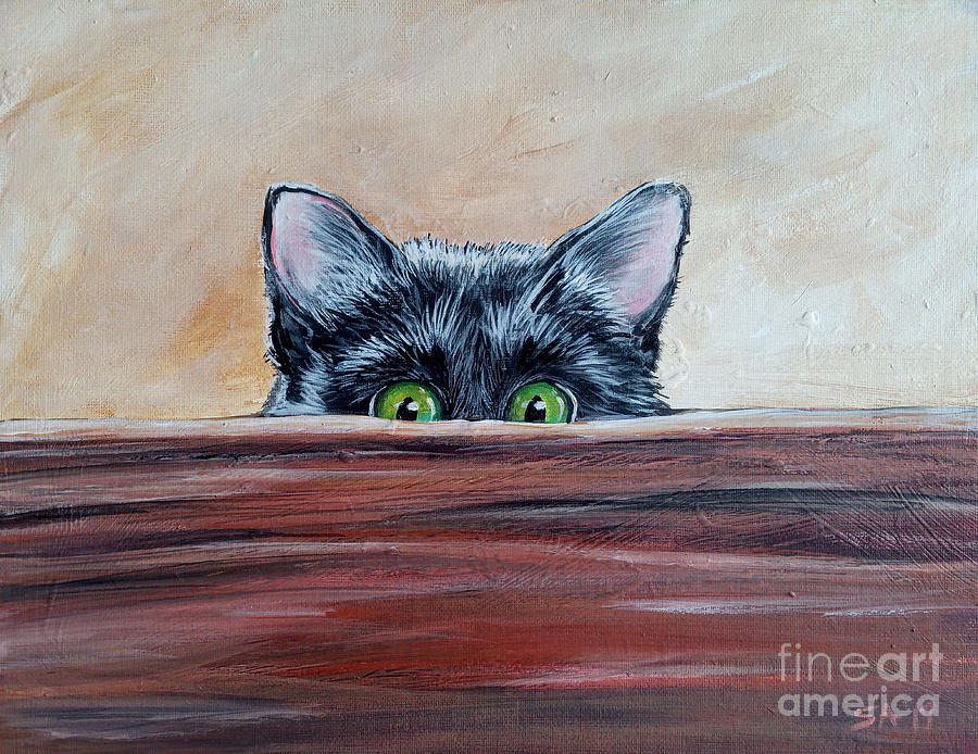 Black Kitten Hidding Wooden Board acrylic by Sonya Allen Painting by Sonya Allen