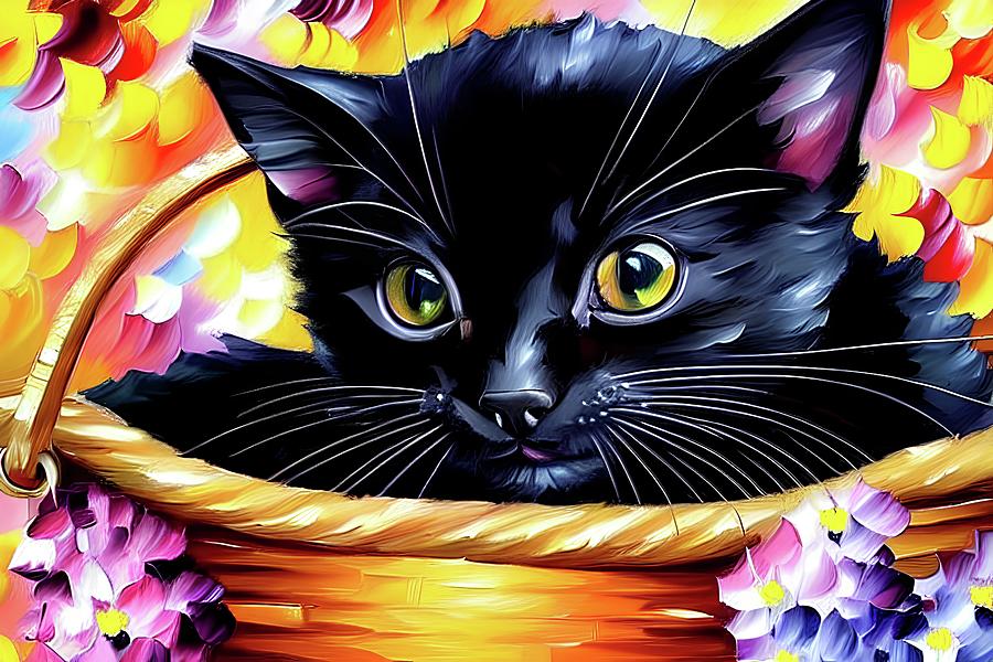 Black Kitten in a Basket 2 Digital Art by Jill Nightingale