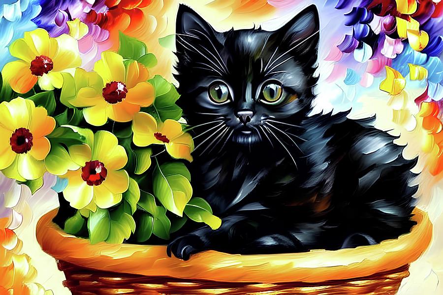 Black Kitten in a Basket Digital Art by Jill Nightingale