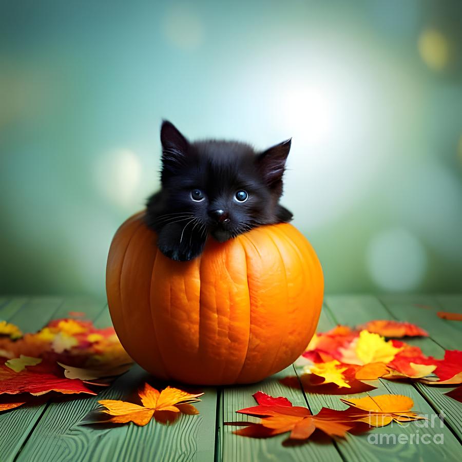 Black Kitten in a Pumpkin Digital Art by Rachel Hannah