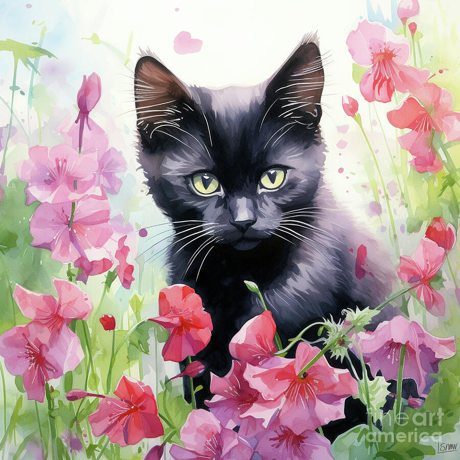 Black Kitten In Sweet Pea Flowers Digital Art By Laura's Creations 