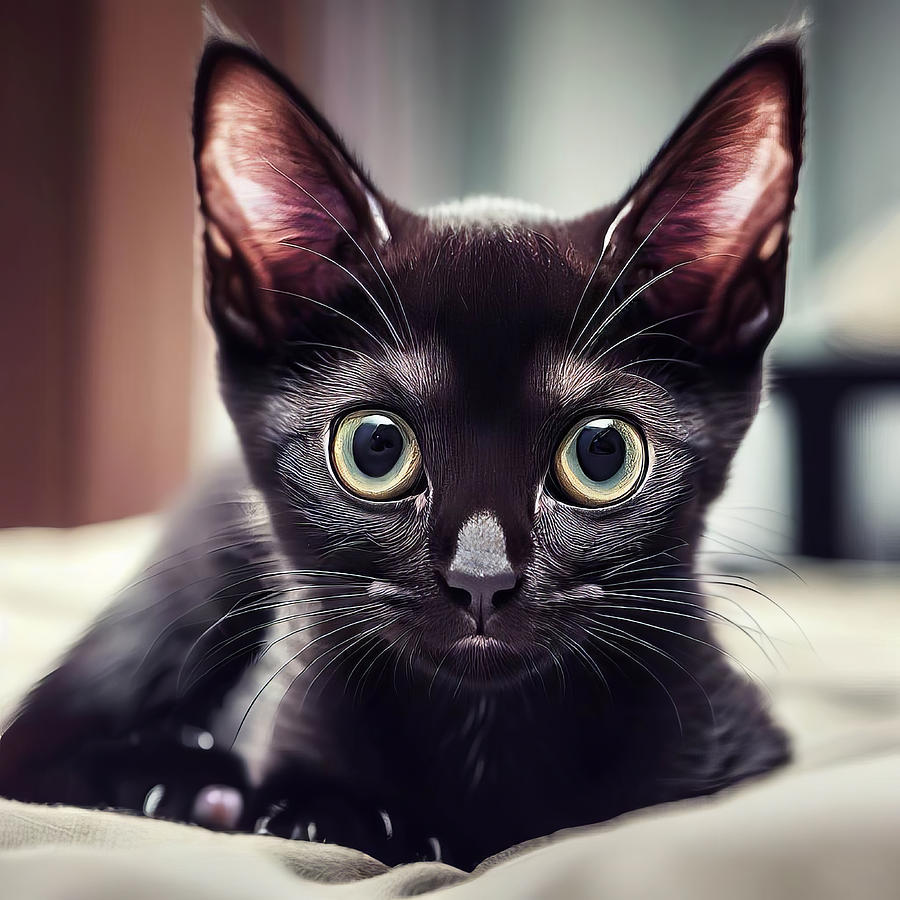 Black Kitten On Bed Digital Art
