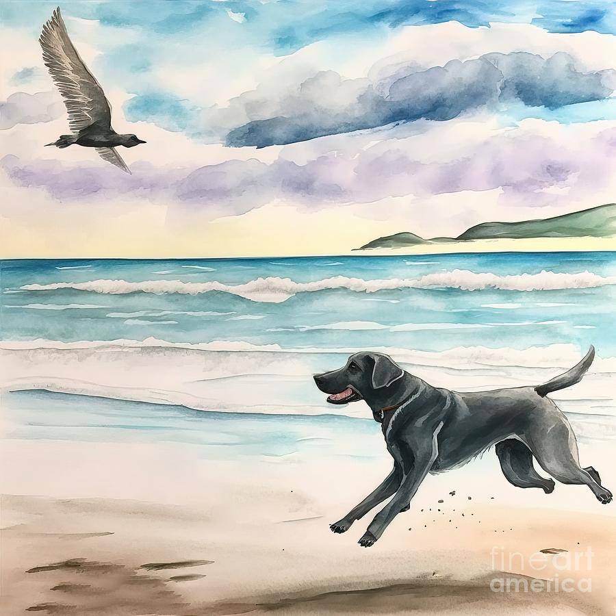 Summer Painting - black Labrador at the beach by N Akkash
