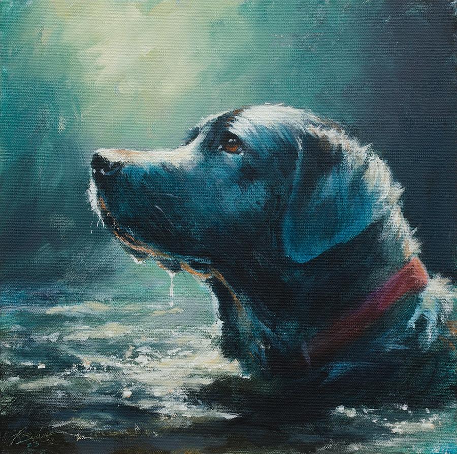 Black Labrador in water Painting by John Silver